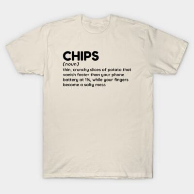 Cream T-shirt with humorous "Chips" definition print, casual style, soft cotton material for everyday wear.