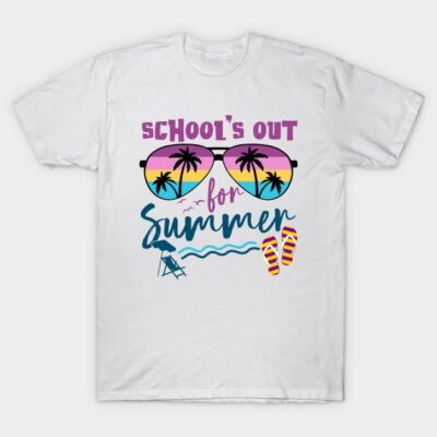 White t-shirt with "School's Out for Summer" print, featuring sunglasses, palm trees, and flip-flops for casual wear.