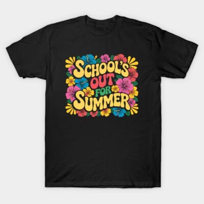 Black "School's Out for Summer" T-shirt with colorful floral design, perfect for casual summer wear.