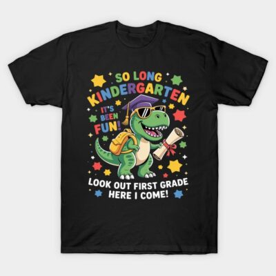 Black children's T-shirt with colorful dinosaur print celebrating kindergarten graduation, ideal for first-grade milestone.