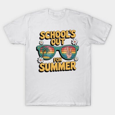 White t-shirt with "School's Out for Summer" print, featuring colorful sunglasses and floral design, casual summer wear.