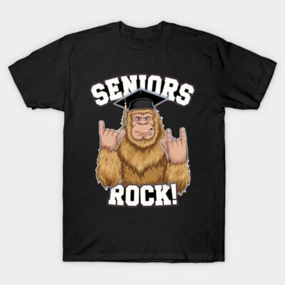 Black "Seniors Rock" T-shirt with cartoon gorilla in graduation cap, perfect for celebrating senior year achievements.
