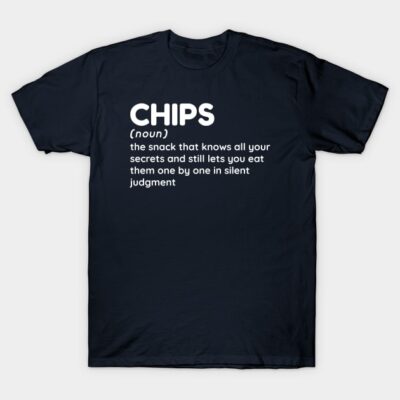 "Black cotton t-shirt with humorous 'Chips' definition print, casual style, perfect for everyday wear."