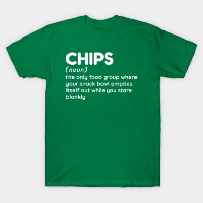 Green T-shirt with "CHIPS" humorous text design, casual style, made of cotton, perfect for everyday wear.