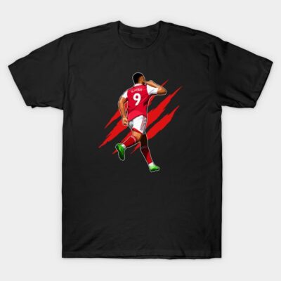 Black cotton t-shirt featuring a soccer player graphic with a red and white jersey, perfect for sports fans.