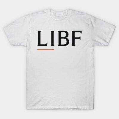 White cotton t-shirt with bold black "LIBF" text, casual unisex style, perfect for everyday wear.