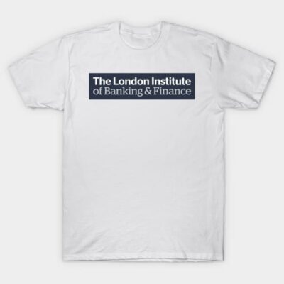 White cotton t-shirt with "The London Institute of Banking & Finance" logo, casual wear, crew neck design.