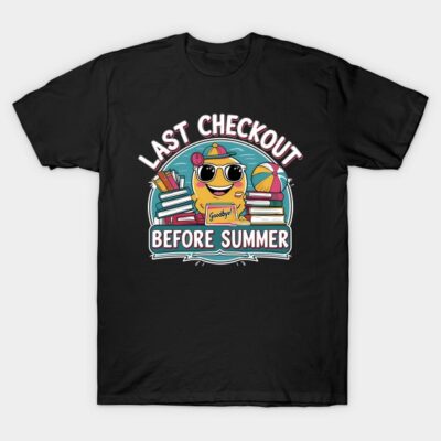 Black T-shirt with "Last Checkout Before Summer" graphic, featuring colorful books and a smiling sun wearing sunglasses.