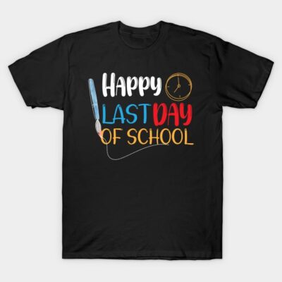 Black t-shirt with "Happy Last Day of School" colorful text design, casual style, ideal for end-of-year celebrations.