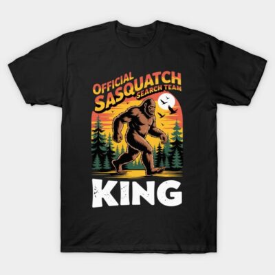 Black Sasquatch-themed T-shirt with colorful forest design, ideal for casual wear. Cotton material, unisex style.