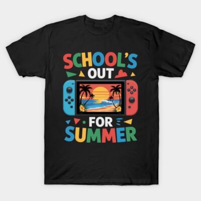 Black "School's Out for Summer" T-shirt with colorful text and tropical scene, casual style, cotton material.