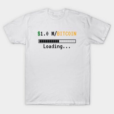 White Bitcoin-themed t-shirt with loading graphic, casual style, ideal for cryptocurrency enthusiasts, soft cotton material.