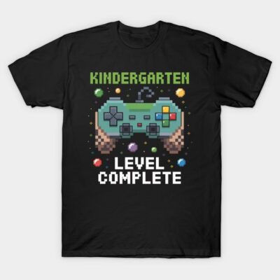 Black t-shirt with "Kindergarten Level Complete" text and pixel art game controller design, perfect for kids.
