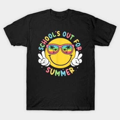 Black T-shirt with "School's Out for Summer" design featuring a smiling emoji wearing sunglasses.