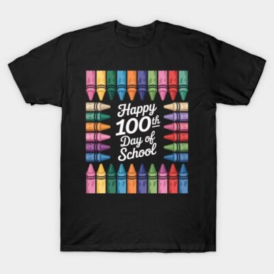 Black T-shirt with colorful crayon design and "Happy 100th Day of School" text, perfect for school events.