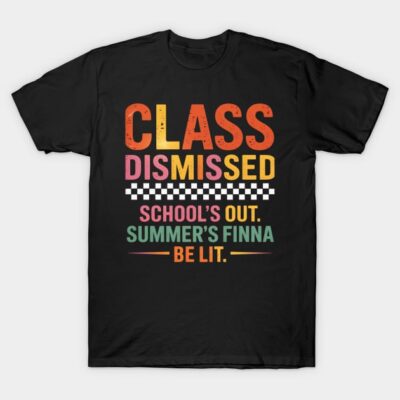 Black unisex t-shirt with colorful "Class Dismissed" summer-themed print, casual style, perfect for school break.