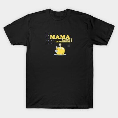 Black t-shirt with "Mama Saving Department" yellow design featuring a piggy bank, casual cotton wear.
