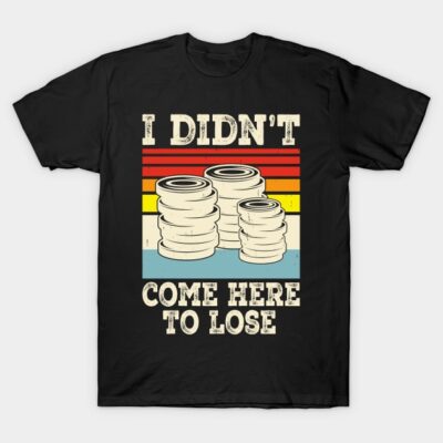 Black graphic t-shirt with retro stripes and weight plates, featuring "I Didn't Come Here to Lose" text. Cotton material.