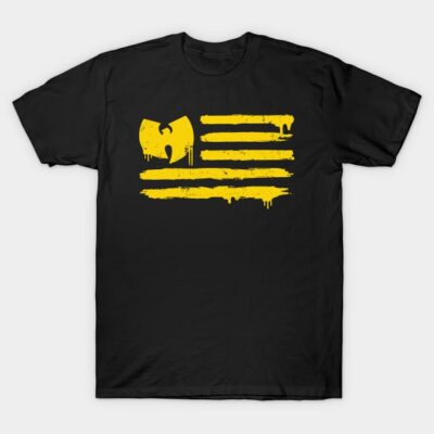 Black T-shirt with yellow graphic design, casual style, made from cotton, ideal for everyday wear.