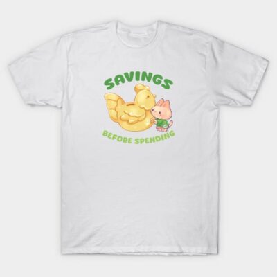 White T-shirt with "Savings Before Spending" graphic, featuring a gold piggy bank and cute animal design.