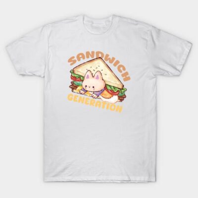 White t-shirt with cute sandwich and cat illustration, "Sandwich Generation" text, casual wear, soft cotton.