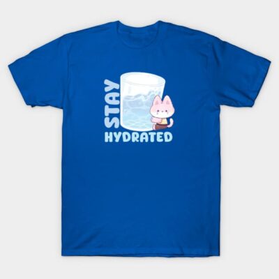 Blue t-shirt with "Stay Hydrated" text and cute cat graphic, casual style, comfortable cotton material.