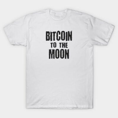 White cotton T-shirt with "Bitcoin to the Moon" text in bold black font, casual wear for cryptocurrency enthusiasts.