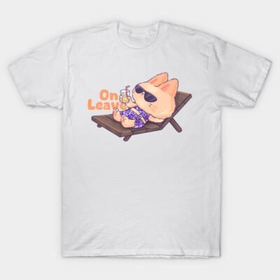 White t-shirt with cute lounging fox graphic, "On Leave" text, perfect for casual wear or gift, cotton material.