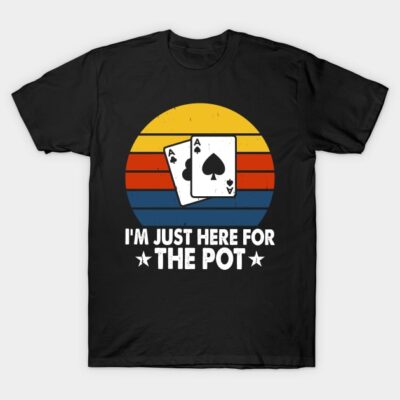 Black poker-themed t-shirt with vintage stripe design and playful text, ideal for casual wear and game nights.