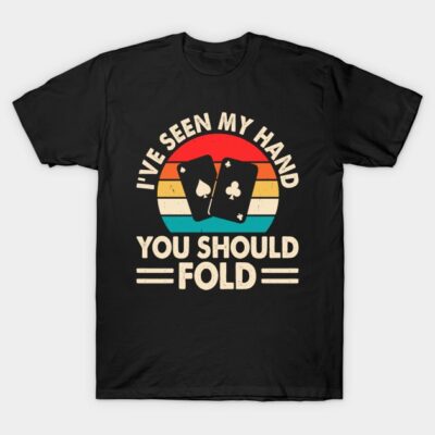Black poker-themed t-shirt with retro sunset design and playing cards graphic, perfect for casual wear.