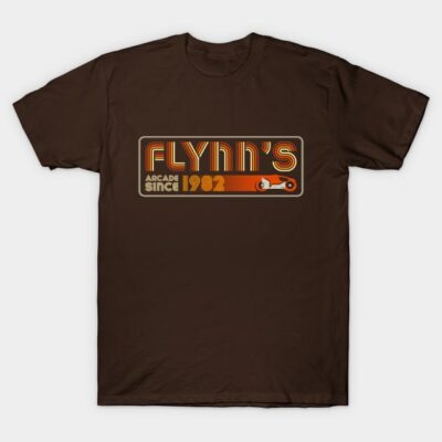 Brown retro arcade graphic t-shirt, Flynn's design, made of cotton, casual wear.