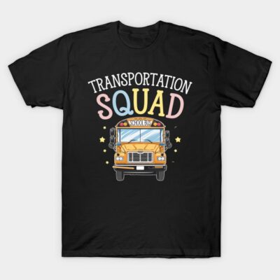 Black "Transportation Squad" T-shirt featuring a colorful school bus graphic, ideal for casual wear.