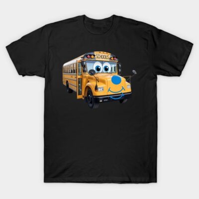 Black t-shirt with cartoon school bus design, featuring a smiling face and bold colors. Perfect for casual wear.