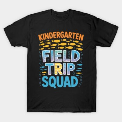 Black "Kindergarten Field Trip Squad" T-shirt with colorful text and fish design, ideal for school outings.