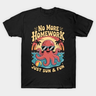 Black t-shirt with fun octopus print, "No More Homework" slogan, perfect for casual wear and summer vibes.