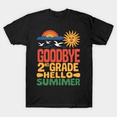 Black t-shirt with colorful "Goodbye 2nd Grade Hello Summer" print, featuring sun, birds, ocean, and rainbow design.