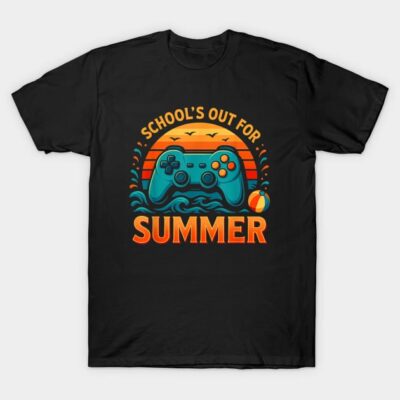 Black T-shirt with "School's Out for Summer" graphic, featuring a game controller and sunset design. Casual wear.