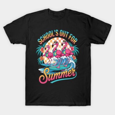 Black T-shirt with colorful "School's Out for Summer" flamingo surfing design, perfect for casual summer wear.
