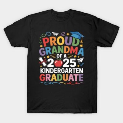 Black "Proud Grandma of a 2025 Kindergarten Graduate" t-shirt with colorful text and playful graphics, cotton material.