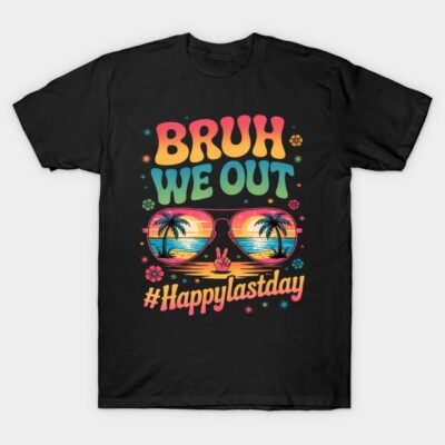 Colorful "Bruh We Out" black t-shirt with tropical sunglasses design, perfect for casual wear and summer vibes.