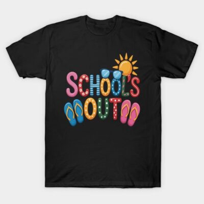 Black "School's Out" graphic T-shirt with colorful summer-themed design, casual style, unisex cotton blend.
