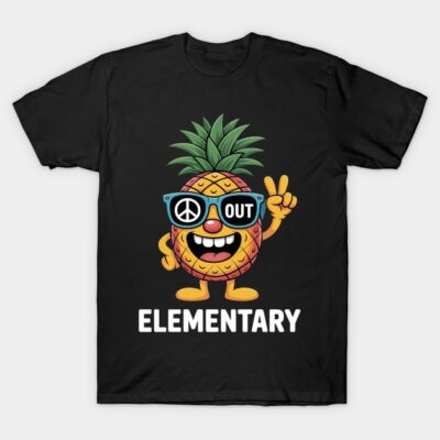Black t-shirt with cartoon pineapple design, sunglasses, peace sign, text "ELEMENTARY." Fun, casual wear.