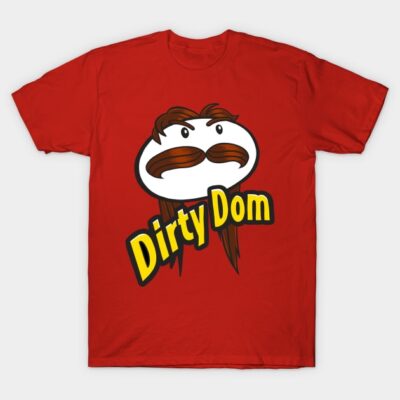 Red graphic tee featuring illustrated face with mustache and bold "Dirty Dom" text, casual cotton material.