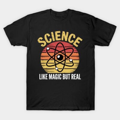Black t-shirt with science-themed graphic, retro sunset design, and "Like Magic But Real" text, casual wear.