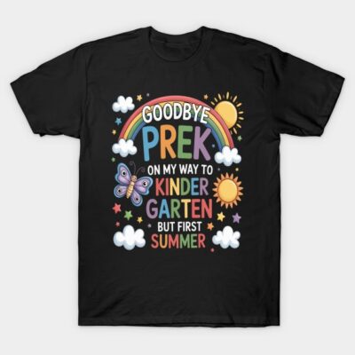 Black t-shirt with colorful "Goodbye Pre-K, Hello Kindergarten" rainbow and butterfly design, perfect for summer wear.