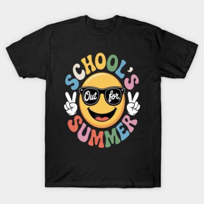 Black t-shirt with colorful "School's Out for Summer" design, featuring a happy face with sunglasses and peace signs.