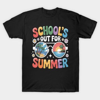 Black "School's Out for Summer" t-shirt with colorful text and sunglasses graphic, ideal for casual wear.