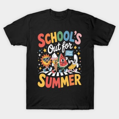 Black "School's Out for Summer" t-shirt, colorful cartoon design, casual wear, cotton fabric, playful summer theme.