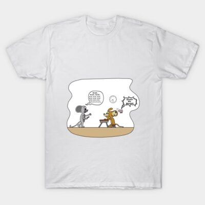 White cotton t-shirt with cartoon mouse and dog print, casual wear, humorous graphic, unisex design.