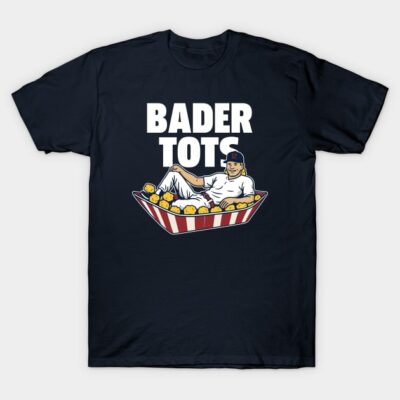Navy blue T-shirt featuring humorous "Bader Tots" graphic with playful design, casual wear, cotton material.